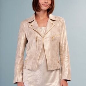 Insight Gold Beige Biker Jacket Women's Collared Zip Vegan Suede Pockets 10